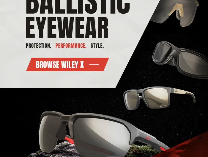 Advertisement for Wiley X ballistic eyewear with product images and brand name on a black and white background.