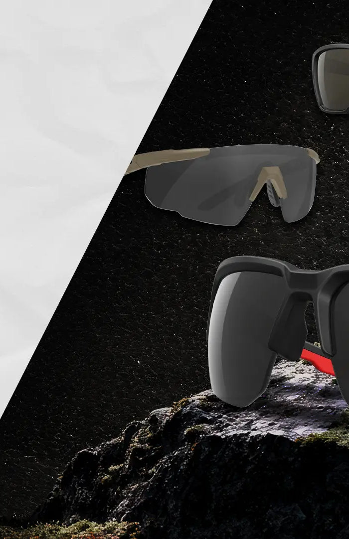 Wiley X ballistic eyewear advertisement with sunglasses on a dark background