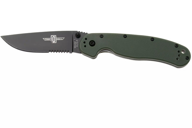 Ontario Knife Company RAT-1  Serrated Folding Knife - Green - Black Blade