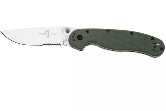 Ontario Knife Company RAT-1 Satin Partially Serrated Folding Knife - Green