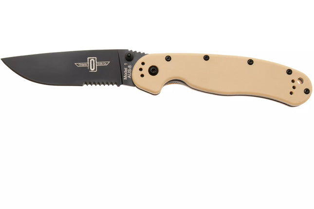 Ontario Knife Company RAT-1 Serrated Folding Knife - Tan - Black Blade