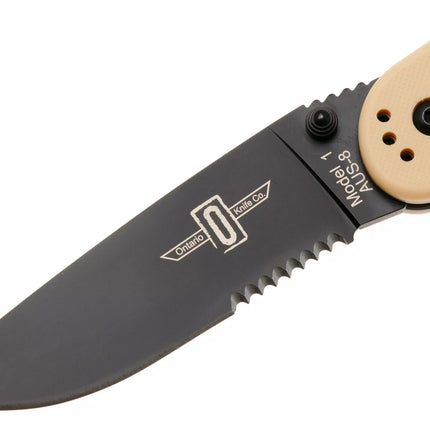 Ontario Knife Company RAT-1 Serrated Folding Knife - Tan - Black Blade