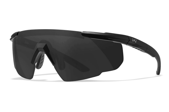 Black wrap-around shield sunglasses with a dark tinted lens and a small white logo on the temple arm, shown on a clean white background.