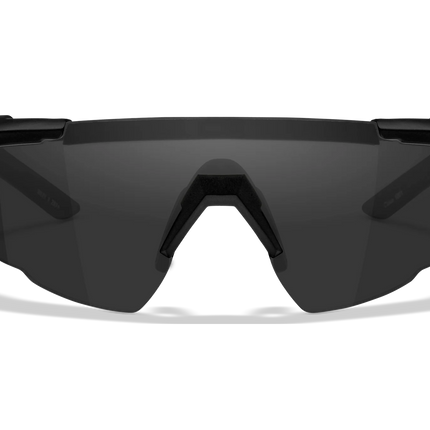 Black wrap-around shield sunglasses with a dark gray tinted lens, shown against a plain white background.