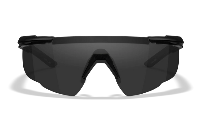 Black wrap-around shield sunglasses with a dark gray tinted lens, shown against a plain white background.