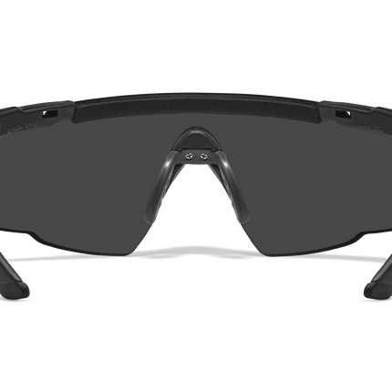 Black wrap-around shield sunglasses with dark gray lenses, shown from the front on a white background.